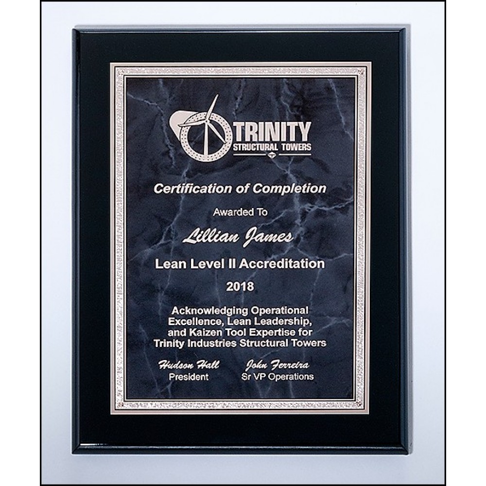 Airflyte Black High Lustr Plaque w/Gray Marble Center & Silver Florentine Border (7"x 9") with Logo