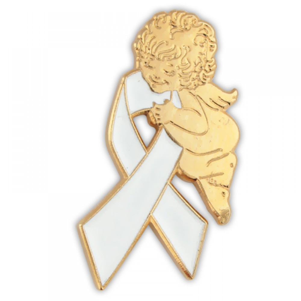 White Ribbon Angel Pin with Logo