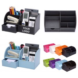 Logo Printed PU Leather Office Desktop Stationery Organizer Storage Box