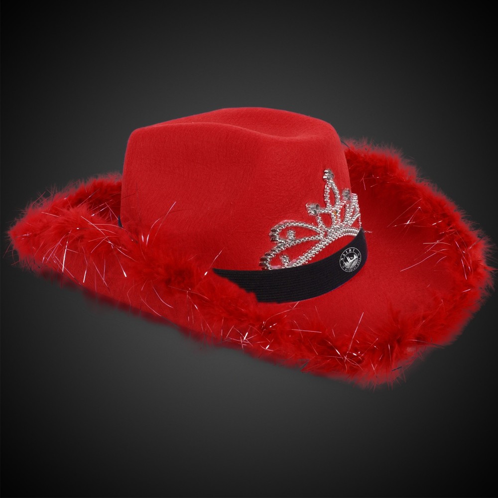 Personalized Red Light Up Cowboy Hat w/ Tiara and Feather(Black Imprinted Band)