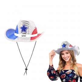 Promotional Red White And Blue Sequin Cowboy Hat With Led Brim