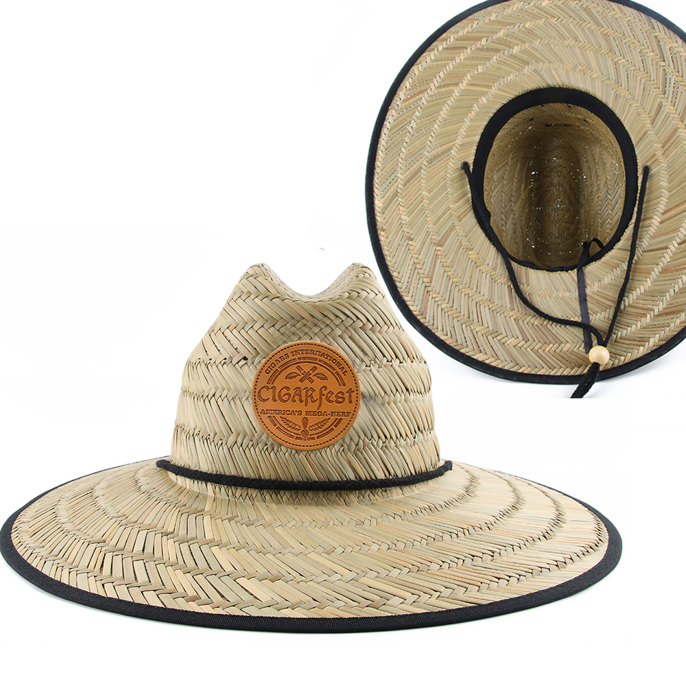 Customized Leather Patch Wide Brim Summer Outdoor Lifeguard Straw Hat