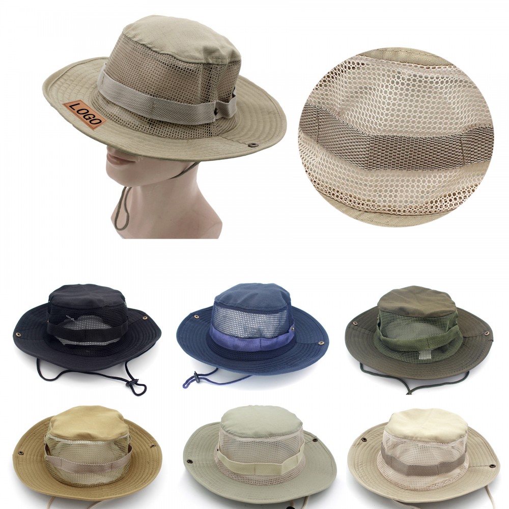 Branded Mesh Wide Brim Sun Bucket Hat