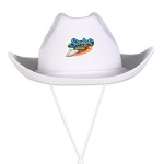 Logo Printed White Cowboy Hats w/ Adjustable Chin Strap with a Faux Leather Icon