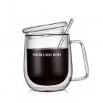 Logo Branded Double Wall Glass Coffee Mug w/Glass Lid & Spoon 10 Oz.