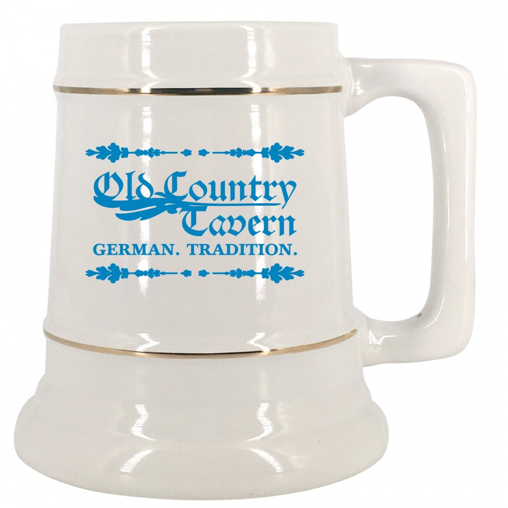 28 oz. White Ceramic Stein Mug w/Gold Bands with Logo