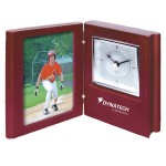 Promotional Clock - Book shape wooden desk Clock with slot for 3" x 5" Photo or customized insert