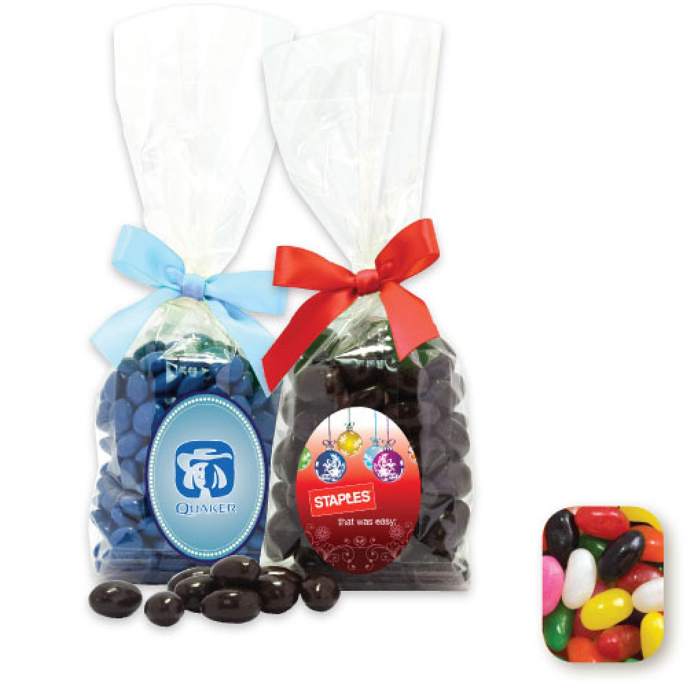 Logo Branded Stand Up Bag w/ Bow Filled w/ Assorted Jelly Beans