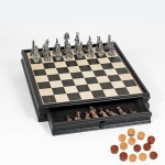 Logo Branded Egyptian Chess & Checker Set w/ Pewter Chessmen & Storage