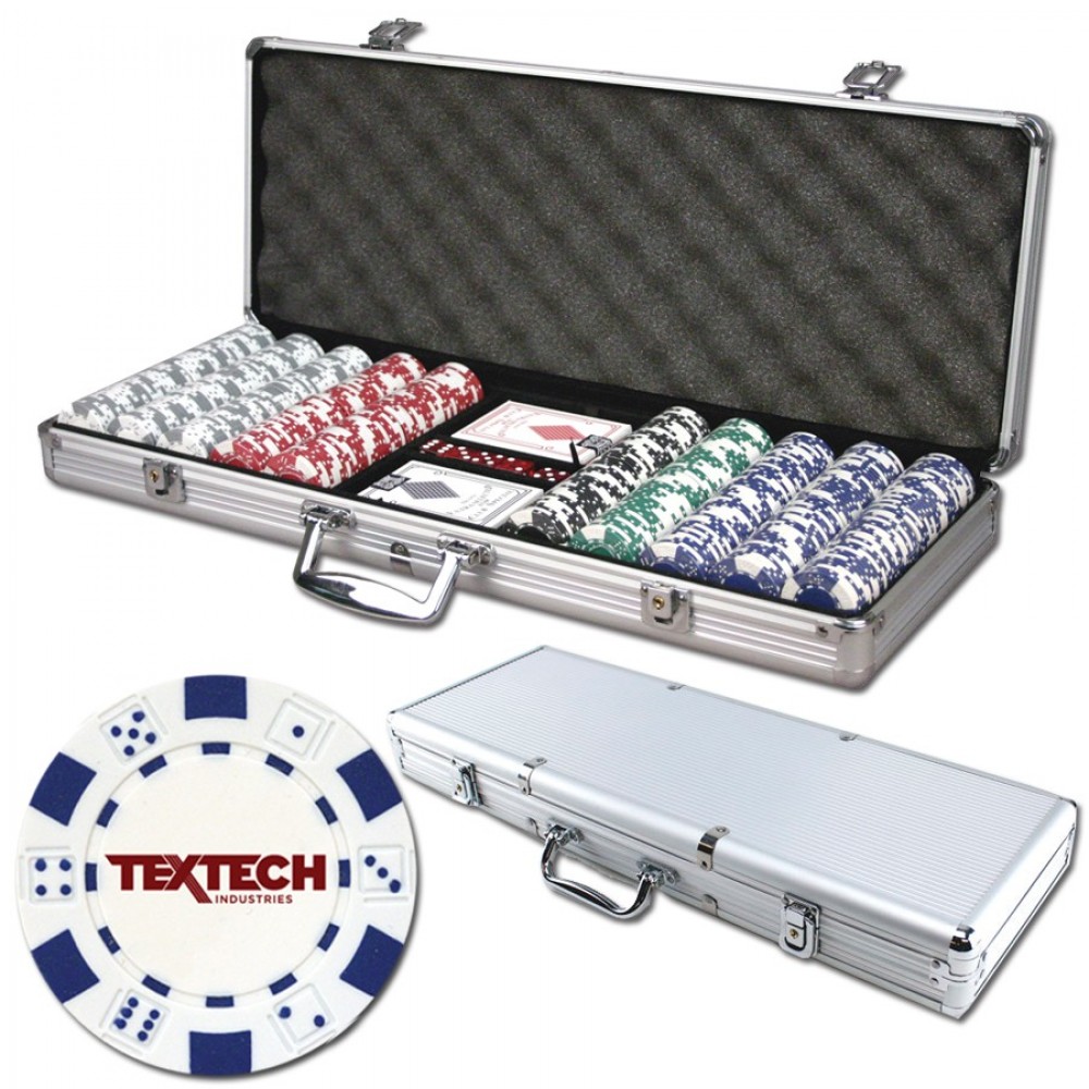 Logo Branded Poker chips set with aluminum chip case - 500 Dice chips