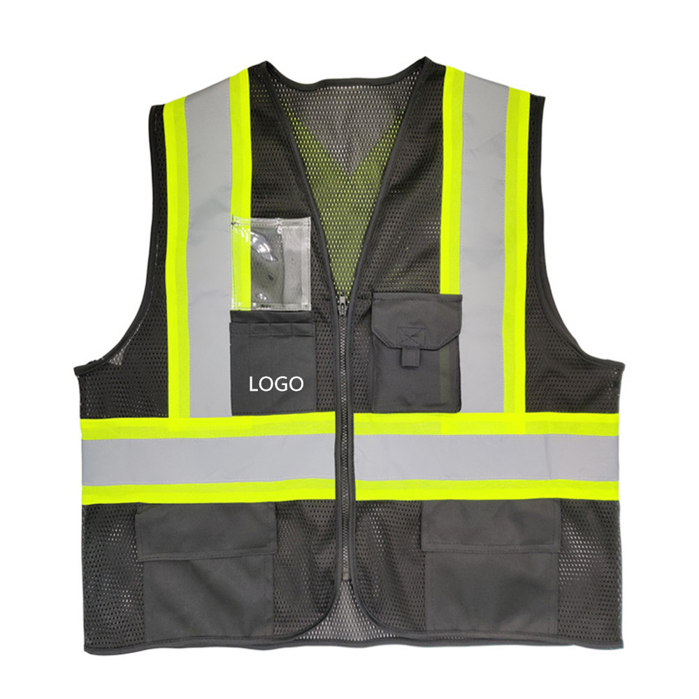 Logo Branded 5 Pockets High Visibility Black Mesh Safety Vest