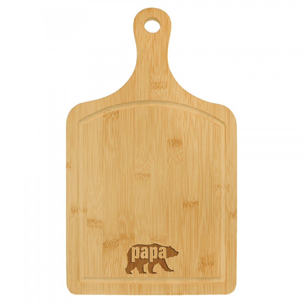 15 1/2" x 9" Bamboo Cutting Board Paddle Shape with Drip Ring with Logo