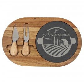 Promotional 12 1/2" x 7 3/4" Acacia Wood/Slate Oval Cheese Set with Two Tools