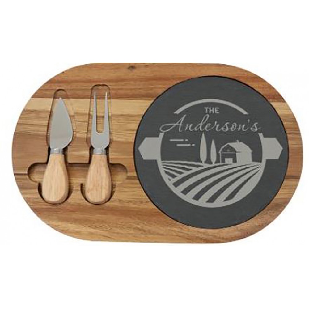 7.75" x 12.5" Acacia Wood with Inlaid Slate Cheese Set with Logo