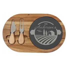 7.75" x 12.5" Acacia Wood with Inlaid Slate Cheese Set with Logo