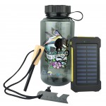 Camp Essentials Kit - Bottle, Fire Starter & Solar Charger with Logo