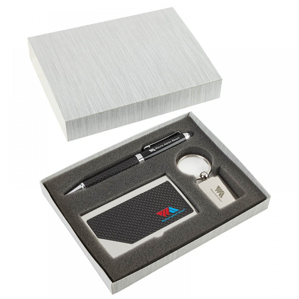 Carbon Fiber Pen, Business Card Case and Chrome Keyring Set Logo Branded