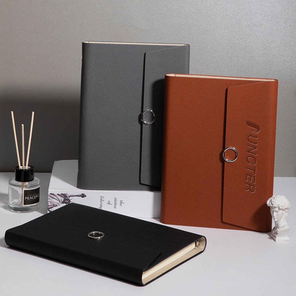 Promotional A5 PU Leather Rings Binder Notebook Ruled Lined Journal with Card Holder Side Pocket Pen Holder