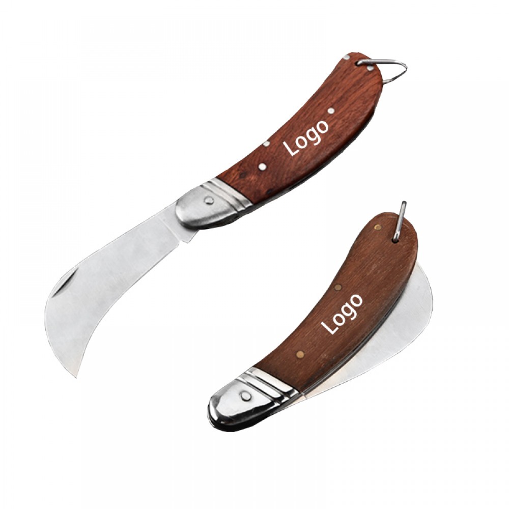 Logo Branded Stainless Steel Folding Pocket Knife with Wooden Handle