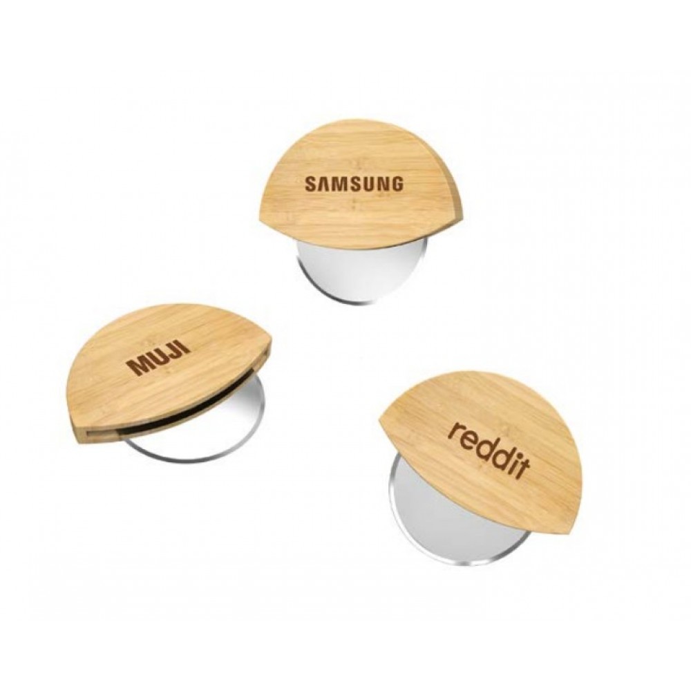 Logo Branded Round Bamboo Pizza Cutter Stainless Steel Pizza Knife