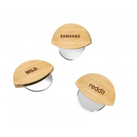 Logo Branded Round Bamboo Pizza Cutter Stainless Steel Pizza Knife