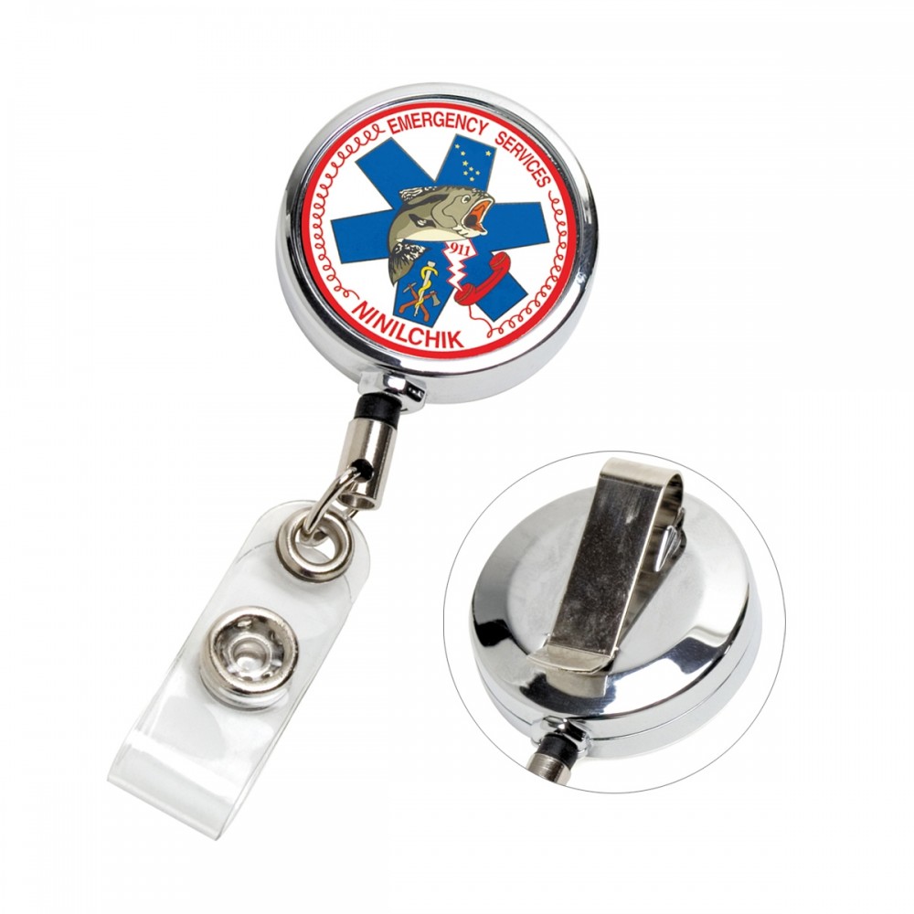 Logo Branded Dublin Chrome Full-Color Solid Metal Retractable Badge Reel  & Badge Holder -  | Badge Retractors