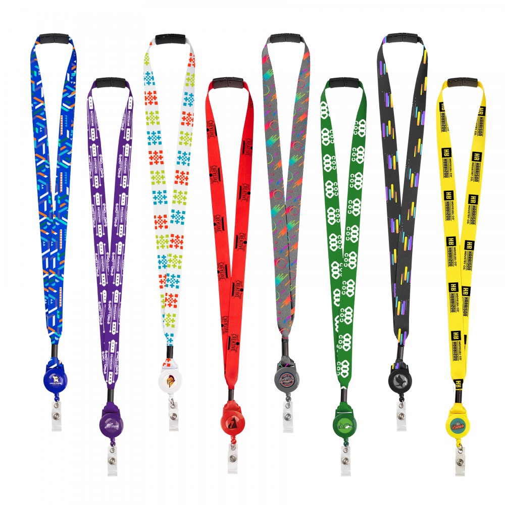 Promotional 3/4" Full Color Metal Crimp Lanyard W/ Breakaway & Retractable Badge Reel