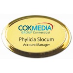 Promotional Gold Framed Oval Name Badge with Full Color Imprint & Personalization (2 3/4" x 1 7/8")
