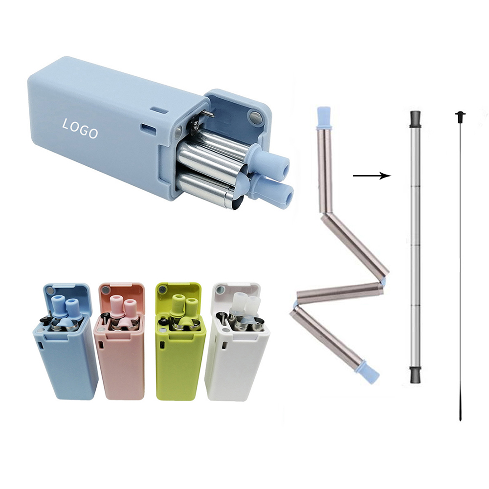 Reusable Metal Collapsible Straw with Brush and Carrying Case with Logo