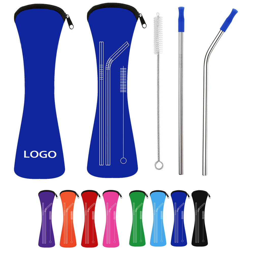 Logo Branded 3pcs/set Reusable Stainless Steel Straws with Cleaning Brush and Carrying Bag