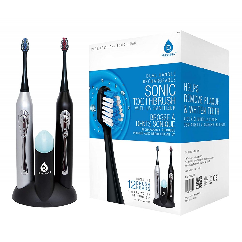 Promotional Pursonic Dual Handle Sonic Toothbrush with UV Sanitizer - Black & Silver