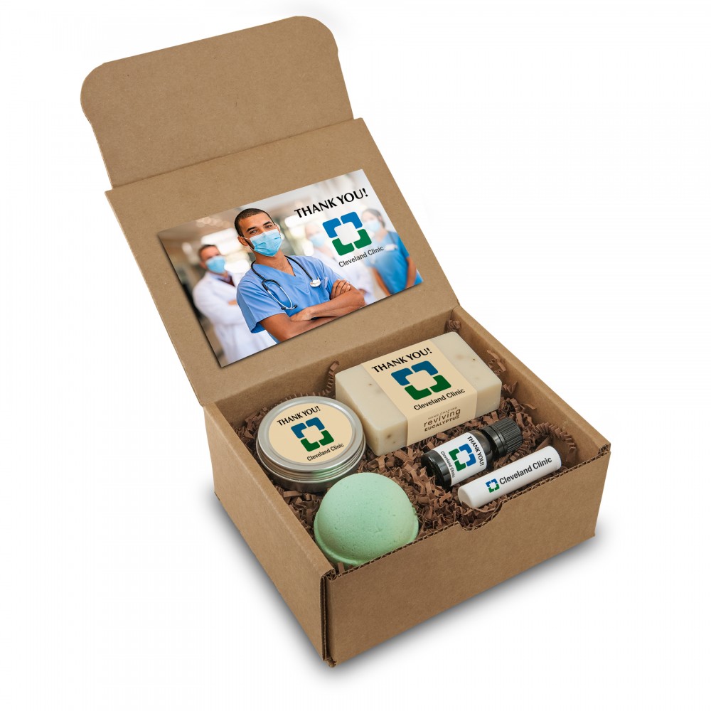 Wellness Gift Set - Soap, Bath Bomb, Essential Oil, Candle Tin, and Lip Balm with Logo