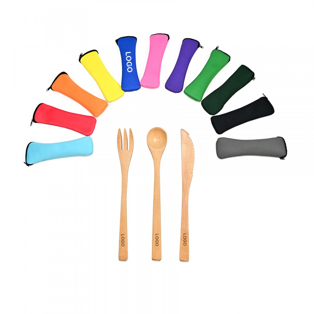 Promotional 3 Piece Bamboo Utensil Set in Travel Pouch