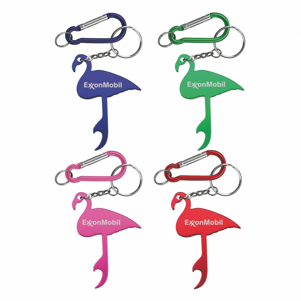 Flamingo Shaped Aluminum Bottle Opener w/Key Chain & Carabiner with Logo