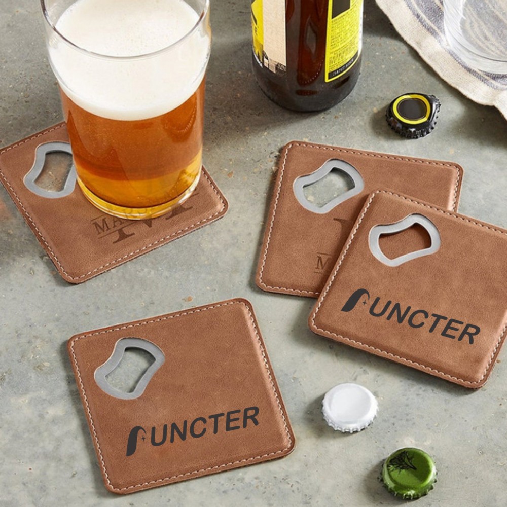 2 in 1 Square Leather Coaster Bottle Opener with Logo