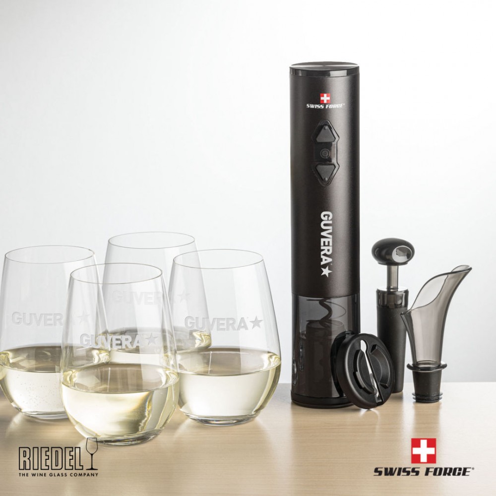 Swiss Force Opener & 4 RIEDEL Stemless Wine with Logo