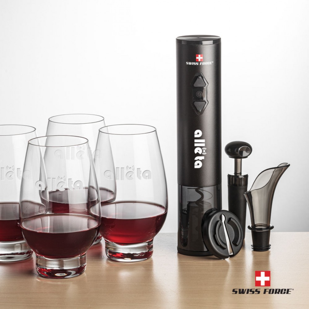 Logo Branded Swiss Force Opener & 4 Glenarden Stemless Wine