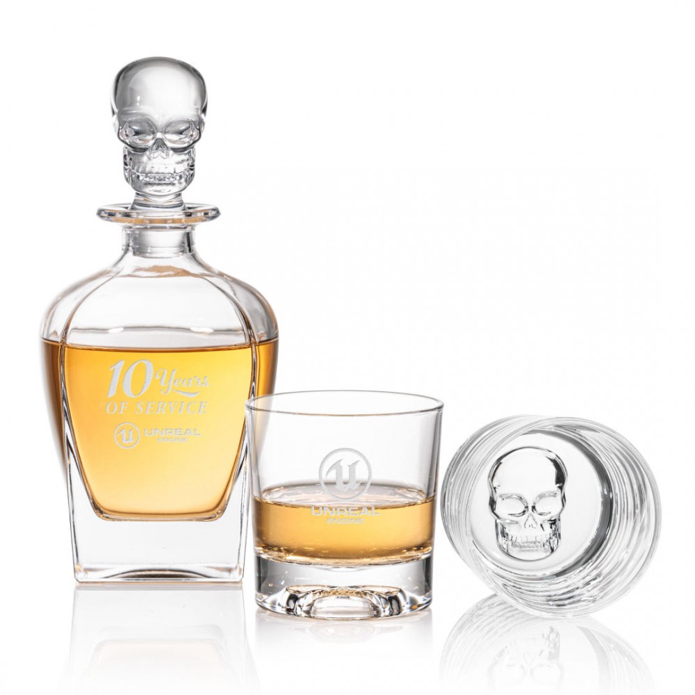 Logo Branded Delrina Scull Decanter & 2 On-the-Rocks