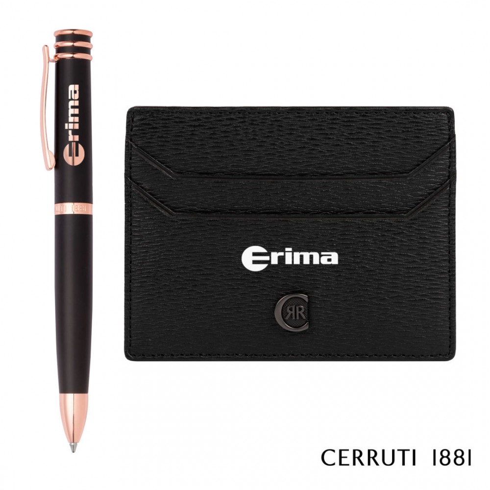 Customized Cerruti 1881 Bond Card Holder & Austin Ballpoint Pen Gift Set - Black