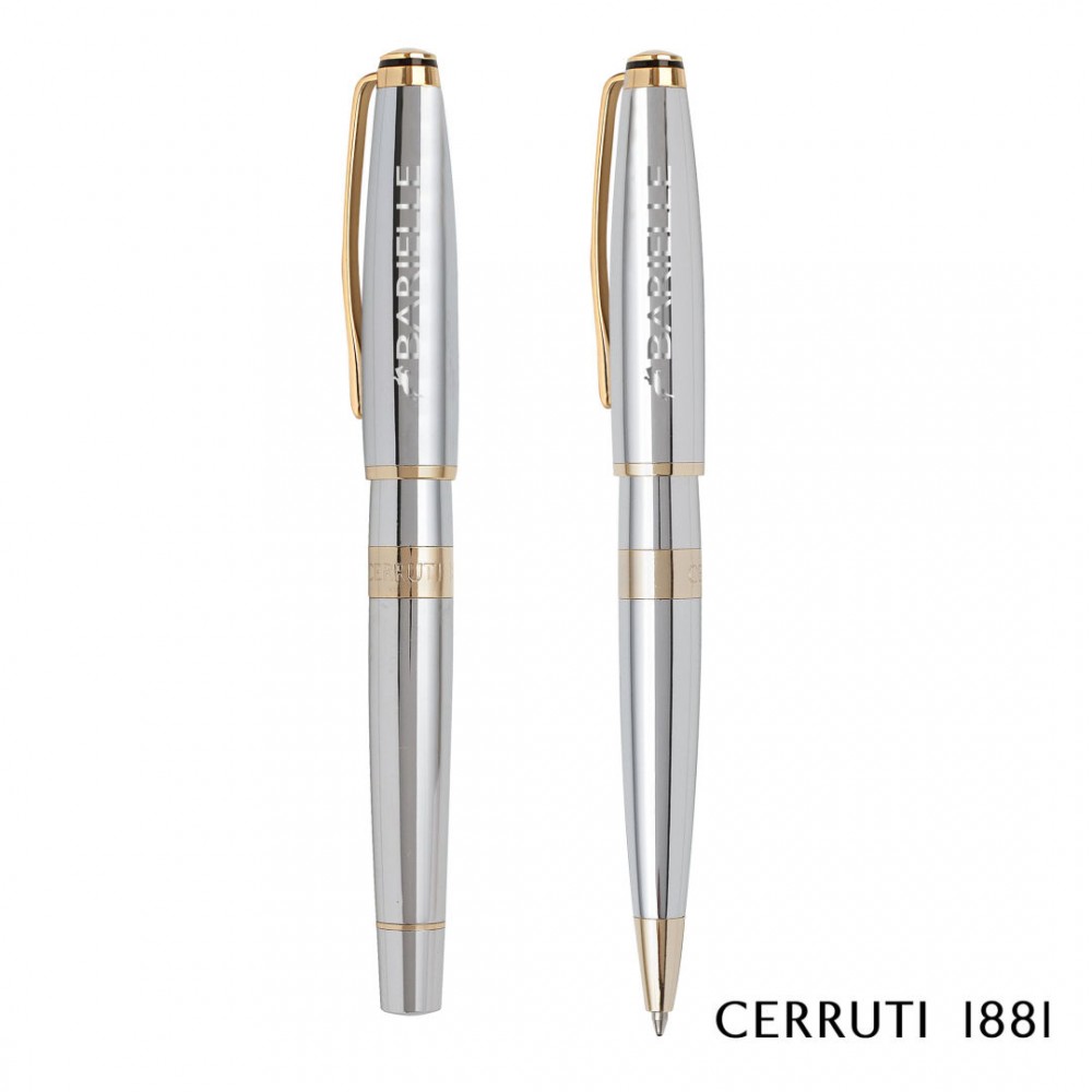 Customized Cerruti 1881 Bicolore Ballpoint Pen & Rollerball Pen Gift Set - Chrome