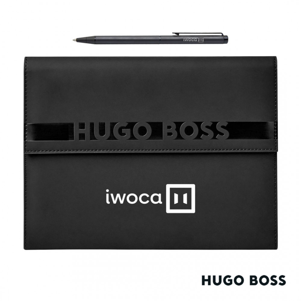 Logo Branded Hugo Boss Cloud Ballpoint Pen & A5 Folder Set - Black