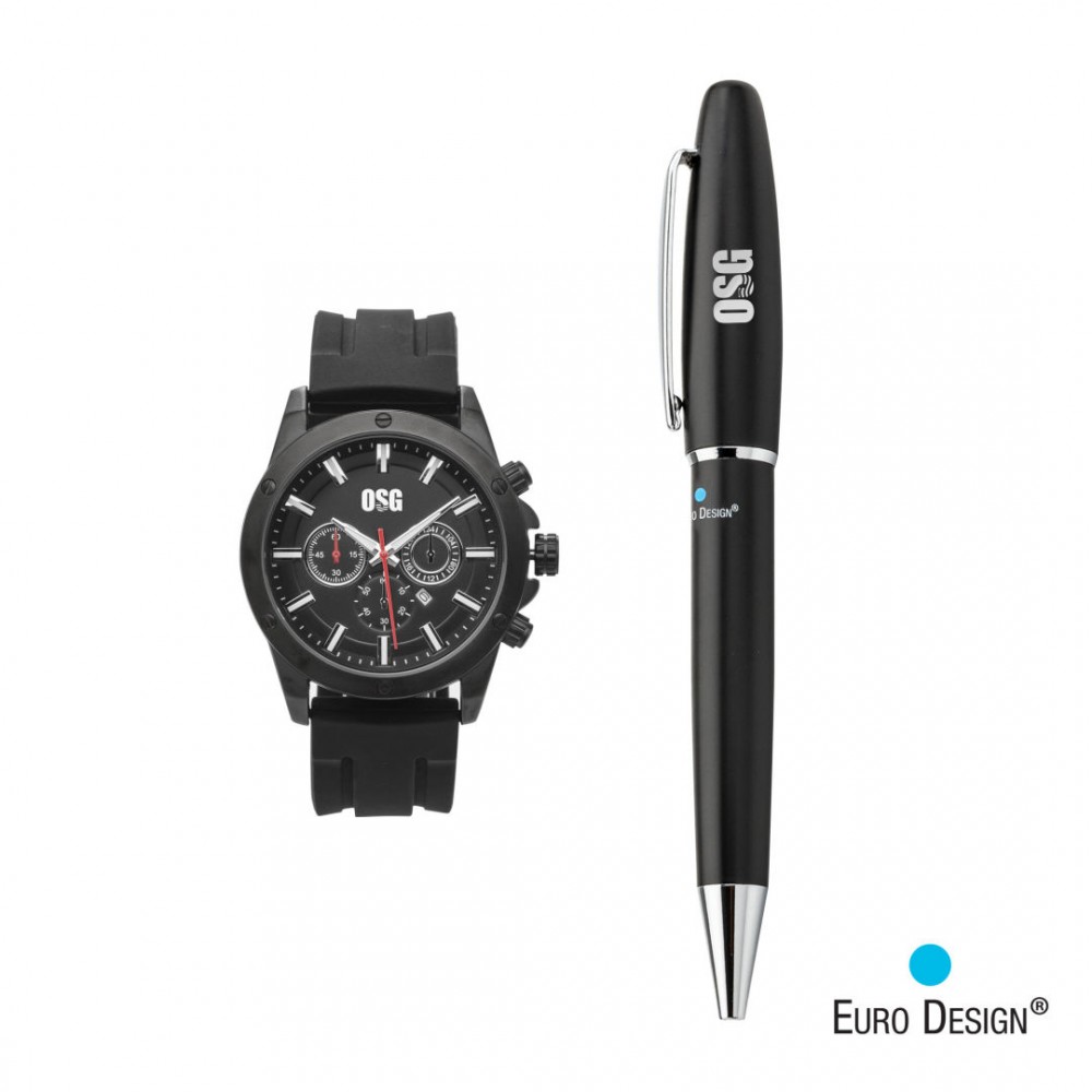 Euro Design Bernau Watch/Pen Set - Black with Logo