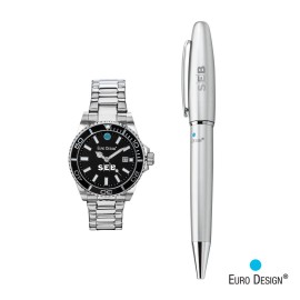 Logo Branded Euro Design Velten Watch/Pen Set - Silver