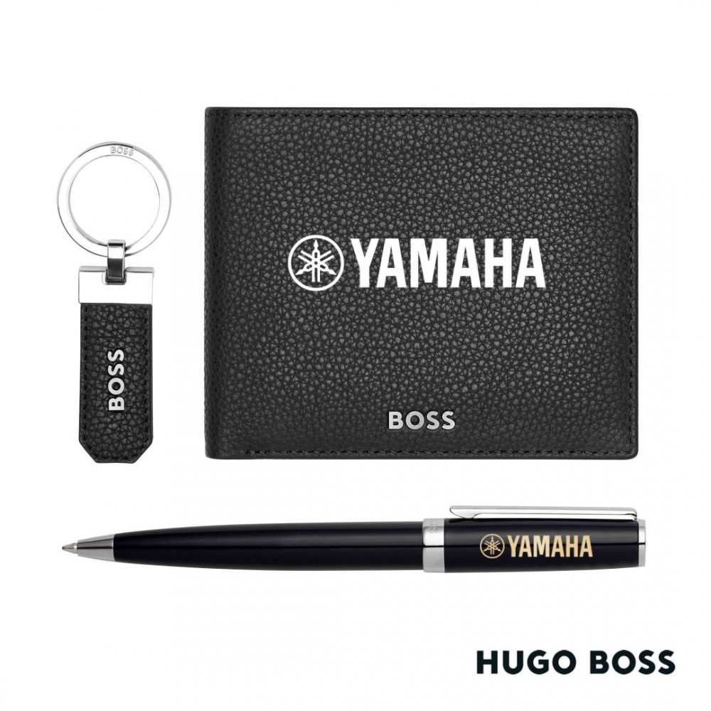 Hugo Boss Ballpoint Pen, Key Ring & Wallet Set - Black with Logo