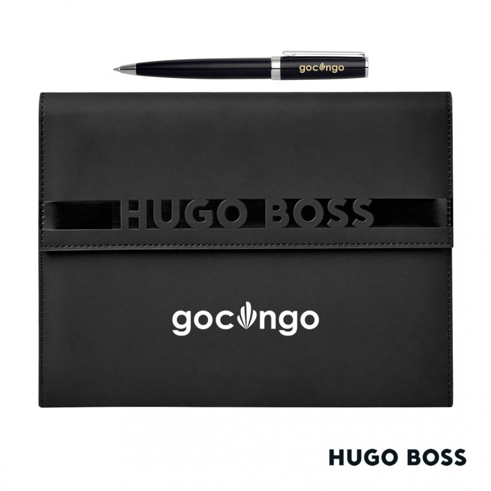 Logo Branded Hugo Boss Ballpoint Pen & A5 Folder Set - Black