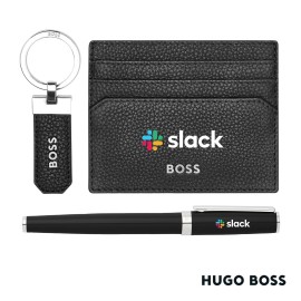 Hugo Boss Rollerball Pen, Key Ring & Card Holder Set - Black with Logo