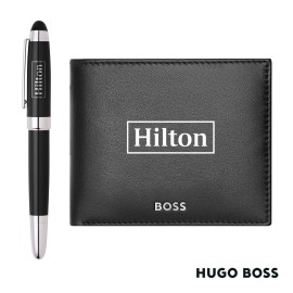 Customized Hugo Boss Rollerball Pen & Wallet Set- Black