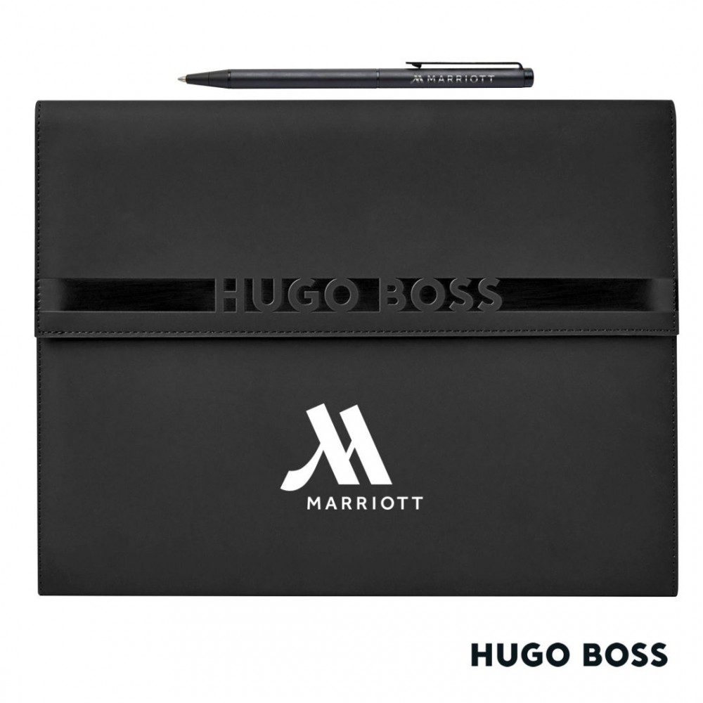 Logo Branded Hugo Boss Cloud Ballpoint Pen & A4 Folder Set - Black