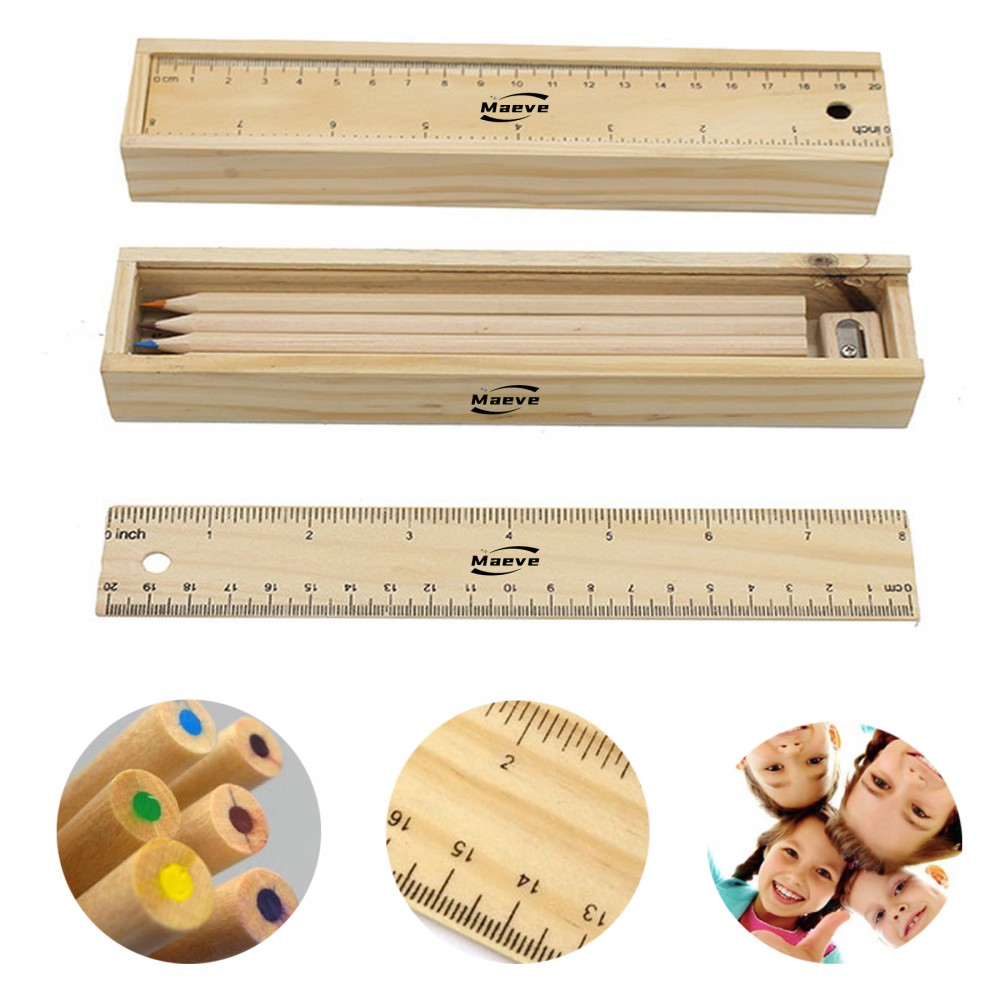 Art Supplies Wood Brownen Ruler Sketch Pencils Set With Case Custom Printed