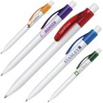 Custom Imprinted Click Action Plastic Pen w/ Translucent Wide Pocket Clip & Solid White Barrel